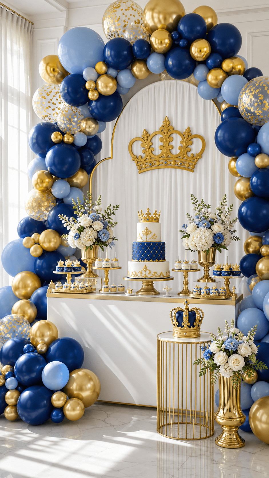 Photo of a midnight sapphire and burnished gold balloon arch with ombré navy balloons, white blooms, and metallic accents at an evening event.