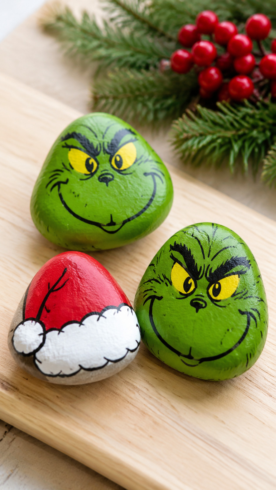 Close-up photo of a Grinch painted rock with mistletoe detail showing a green face, sly smile, red berries, and glitter highlights on a festive background.