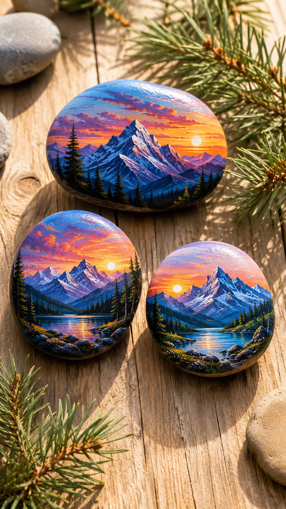 A painted rock featuring a tiny mountain cabin beneath misty blue peaks, evergreen trees, and warm glowing windows.