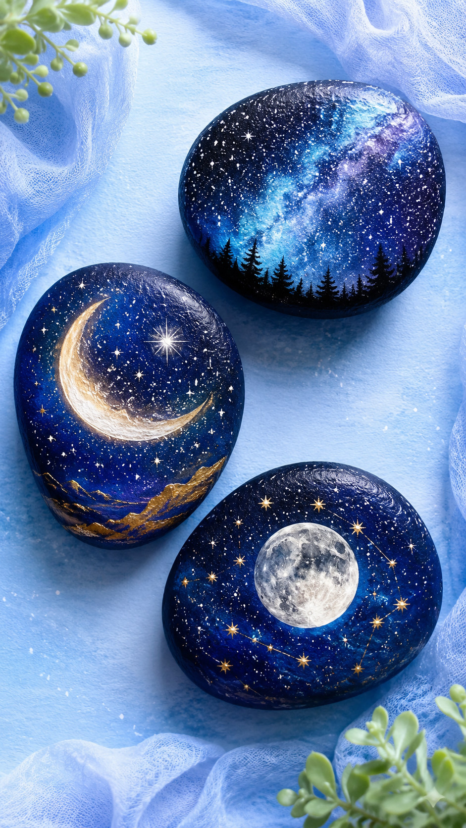 A painted rock featuring a glowing crescent moon surrounded by colorful planets, stars, and galaxy-inspired details.