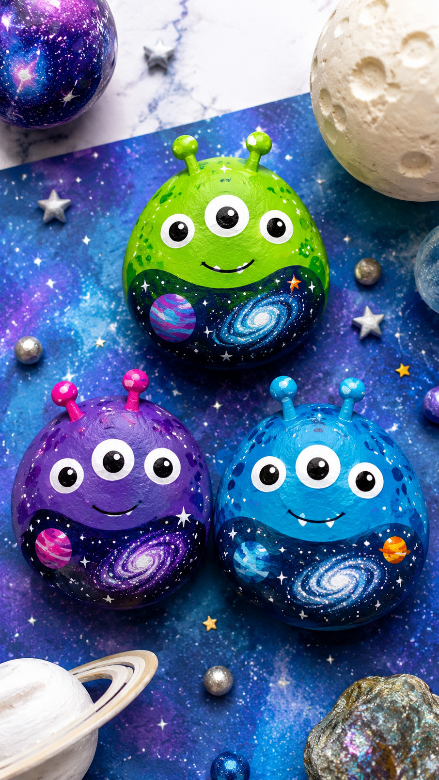 Photo of a moonlit alien painted rock featuring a teal alien, lavender eyes, crescent moon, silver stars, and a deep navy cosmic background.