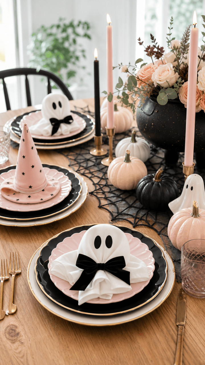 Photo of a moonlit bat banner hanging above a Halloween table with matte black bat silhouettes, a pale runner, navy napkins, amber lights, and arranged silverware.