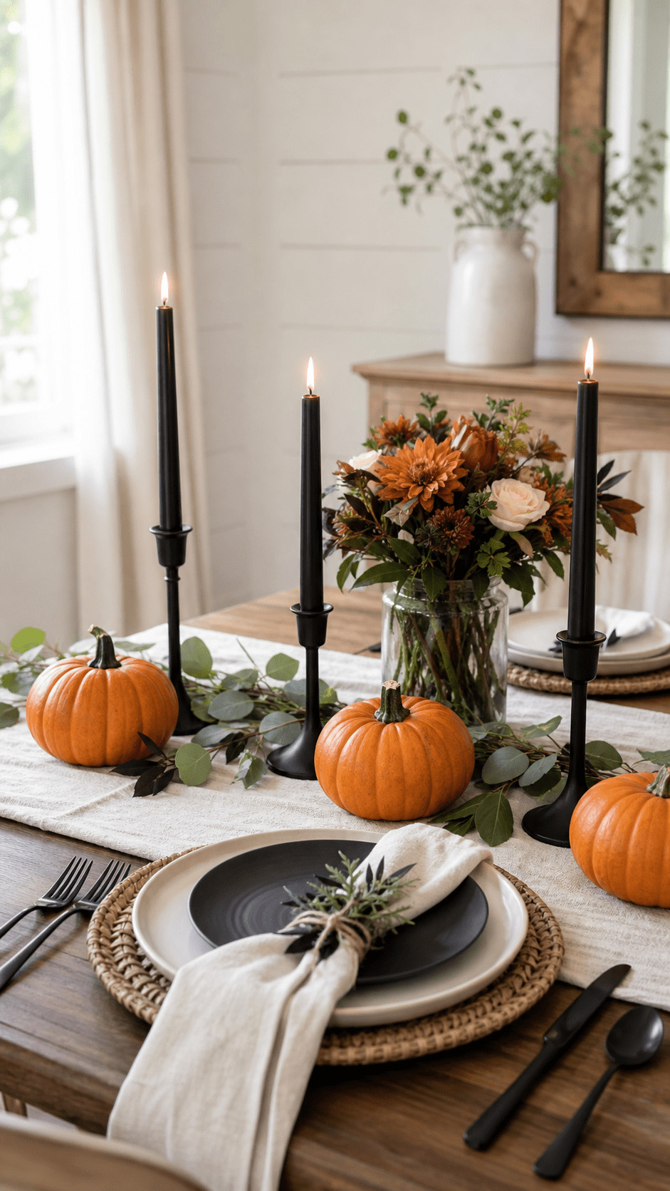 Photo of a moonlit skull bouquet centerpiece with matte white skulls, silver branches, and navy velvet accents on a Halloween table.