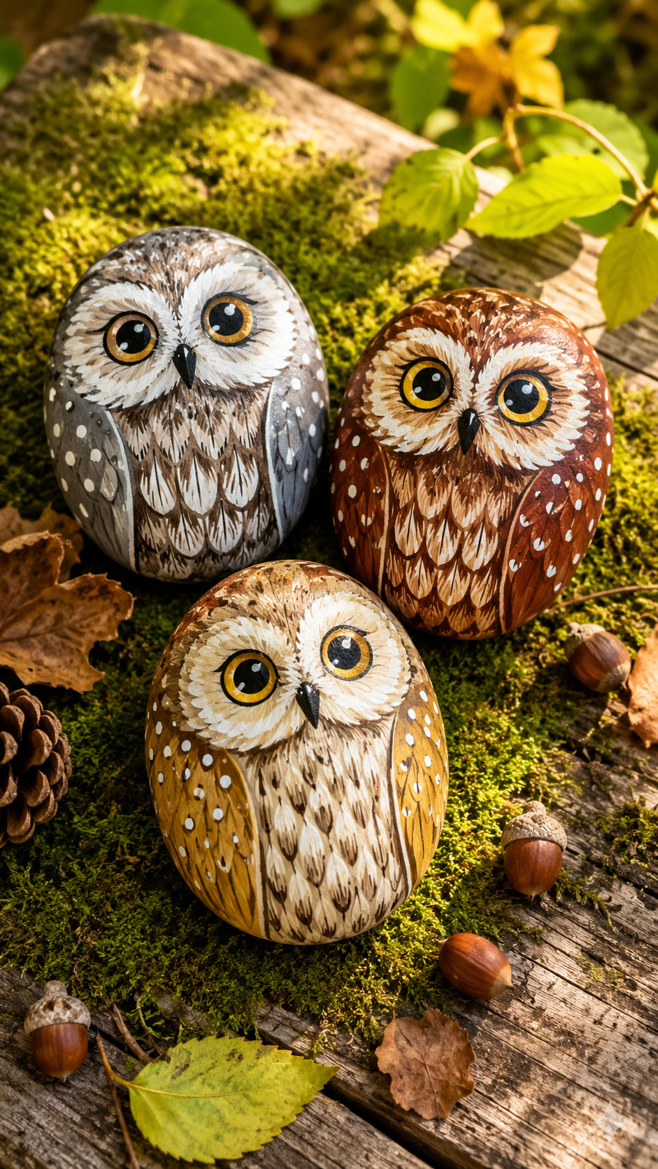 Photo of a mossy green and brown owl painted rock with amber eyes, painted leaves, and tiny mushrooms in a woodland-inspired forest scene.