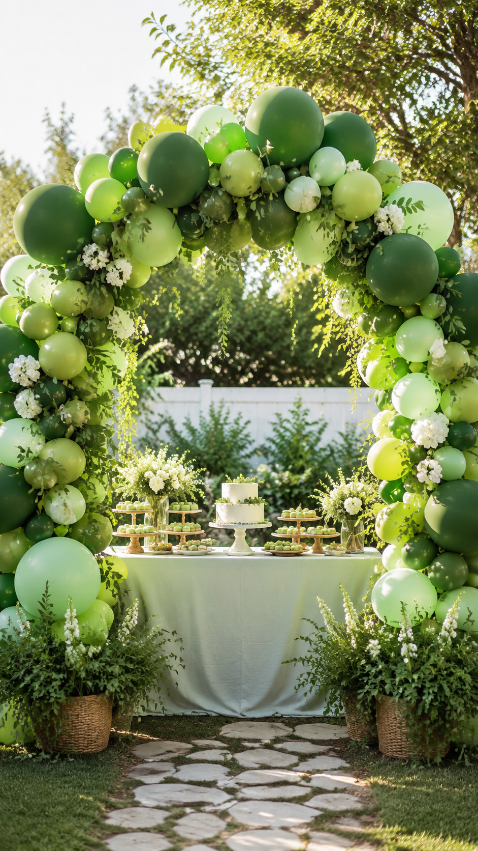 Photo of a mossy meadow green balloon arch with moss green, sage, and pistachio balloons accented by wildflower sprigs in a garden setting.