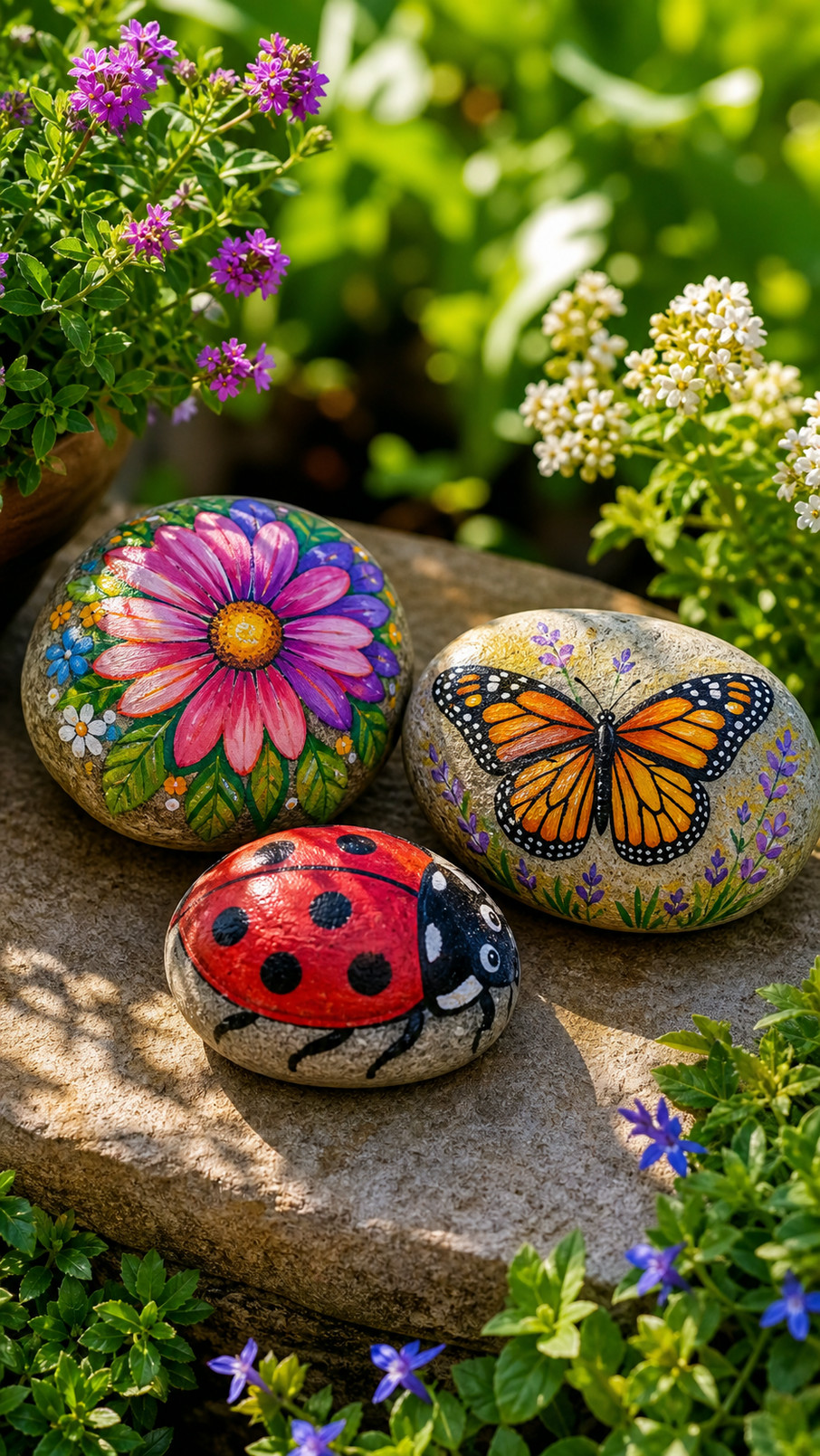 A painted rock featuring colorful mountain peaks beneath an orange, pink, and lavender sunset sky in a garden setting.