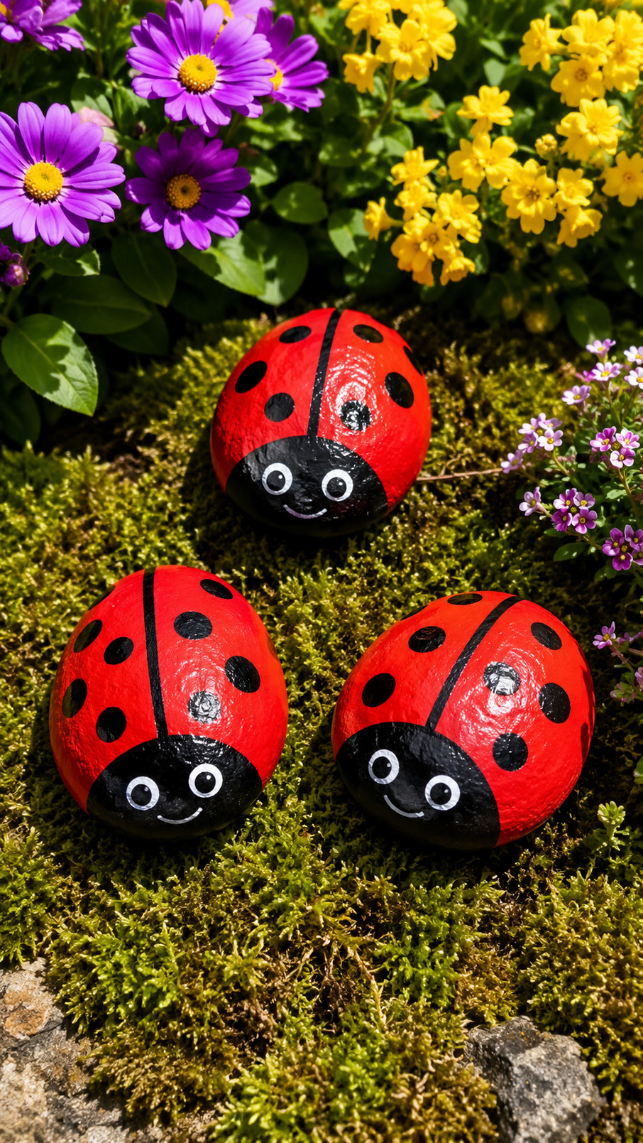 A painted ladybug rock with a red mushroom-inspired shell, creamy white spots, black details, and woodland-themed accents.