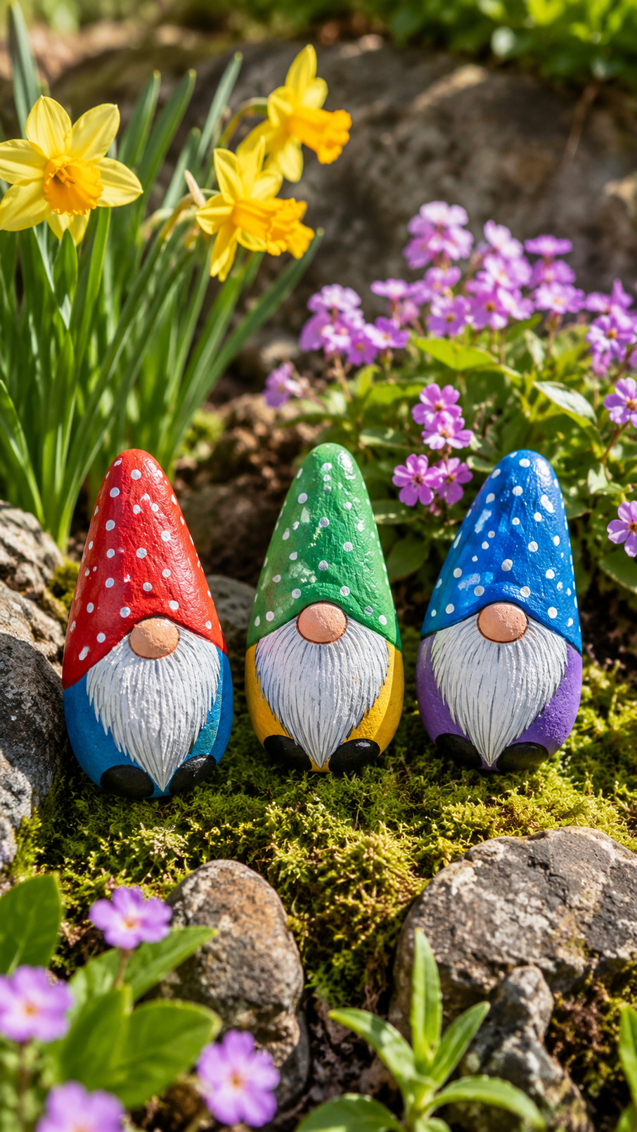 A painted rock featuring a cheerful garden gnome beneath a red-and-white spotted mushroom cap, surrounded by colorful spring flowers.