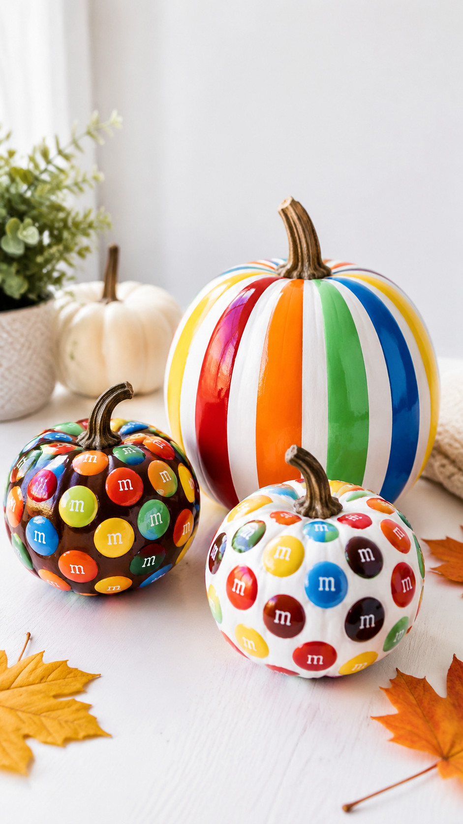 Pastel M&M pumpkin painted in mint, blush, and lavender with a white 'M', displayed with fresh flowers and other pumpkins on a wooden table.
