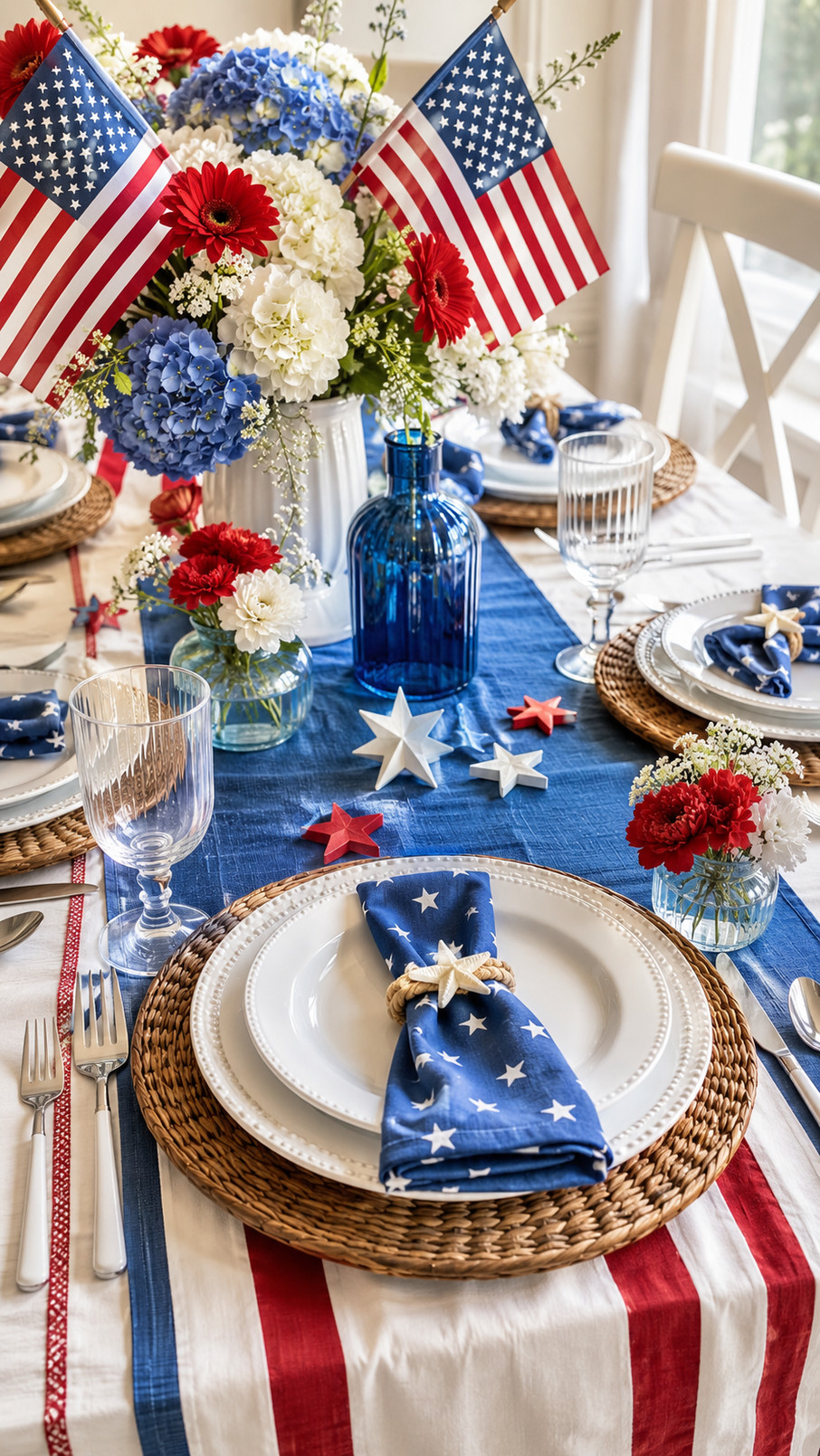 Patriotic red, white, and blue candleholders glowing on a festive Fourth of July table.