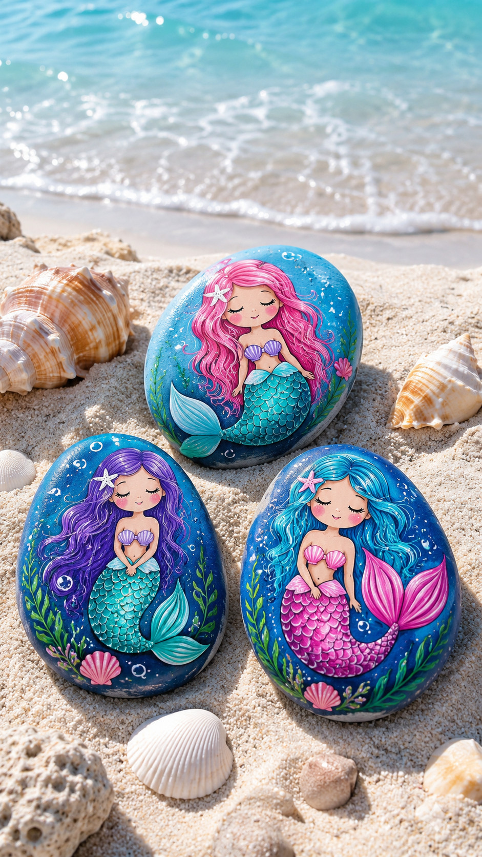 A painted rock featuring a mermaid with a pearl crown, turquoise scales, a lavender tail, starfish, shells, and colorful ocean bubbles.