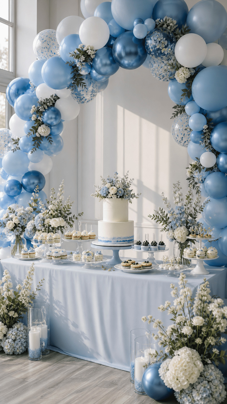 Periwinkle, powder blue, and white balloon arch with silver confetti balloons and baby's breath florals framing a garden party backdrop.