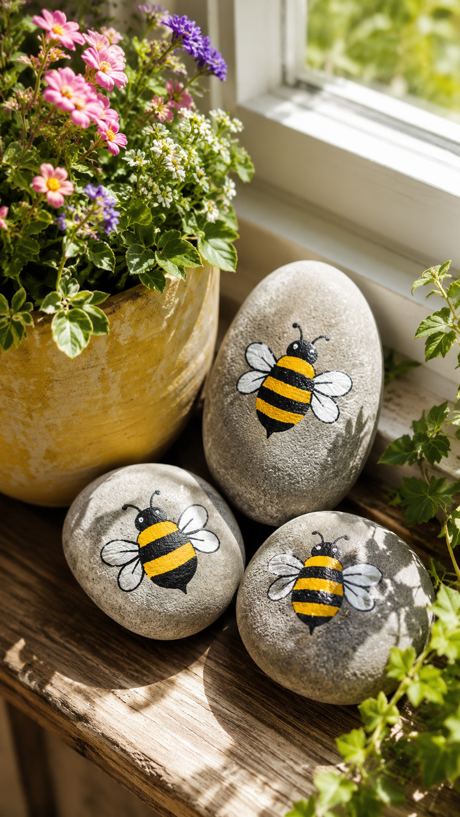 A painted bee rock with a tiny picnic basket, yellow flowers, and green accents displayed as cheerful garden decor.