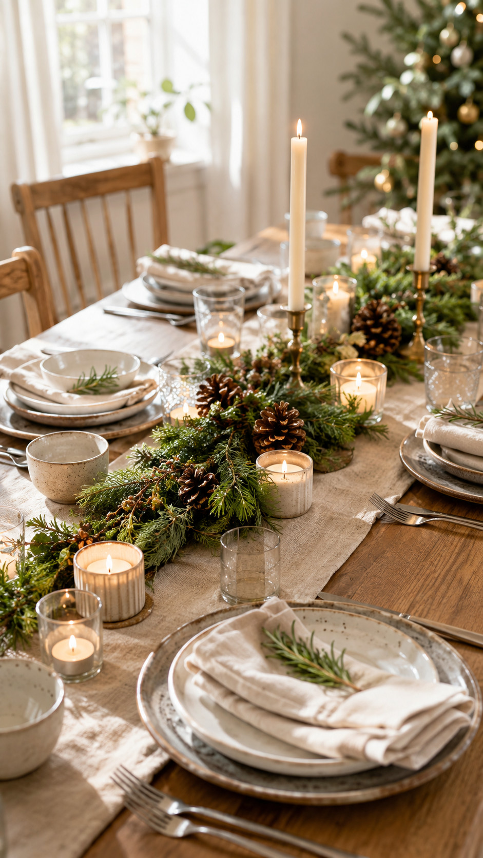 Cozy Christmas table with plaid runner, velvet napkins, brass candlesticks, amber glass goblets, and warm candlelight.