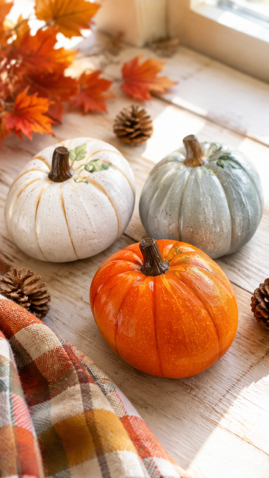 Stacked painted pumpkins in red and navy plaid patterns with visible brushstrokes styled on a mantel for a cozy Thanksgiving decoration.