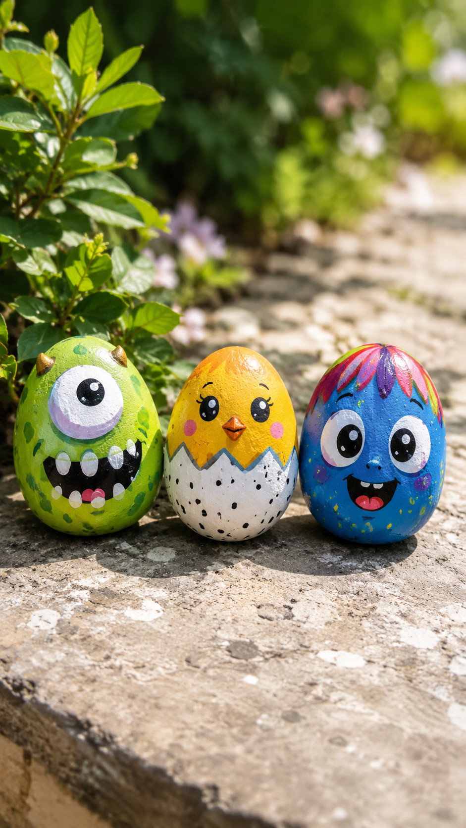 Painted rock ghosts with white bodies, friendly faces, and colorful rainbow details arranged outdoors.