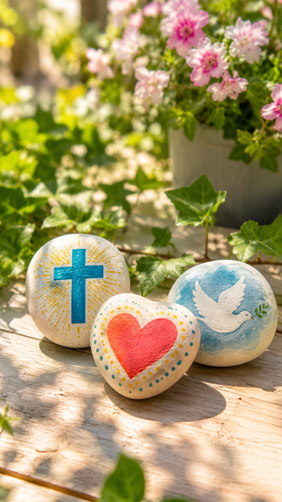 A smooth Christian painted rock featuring colorful rainbow bands and a small white cross in the center.