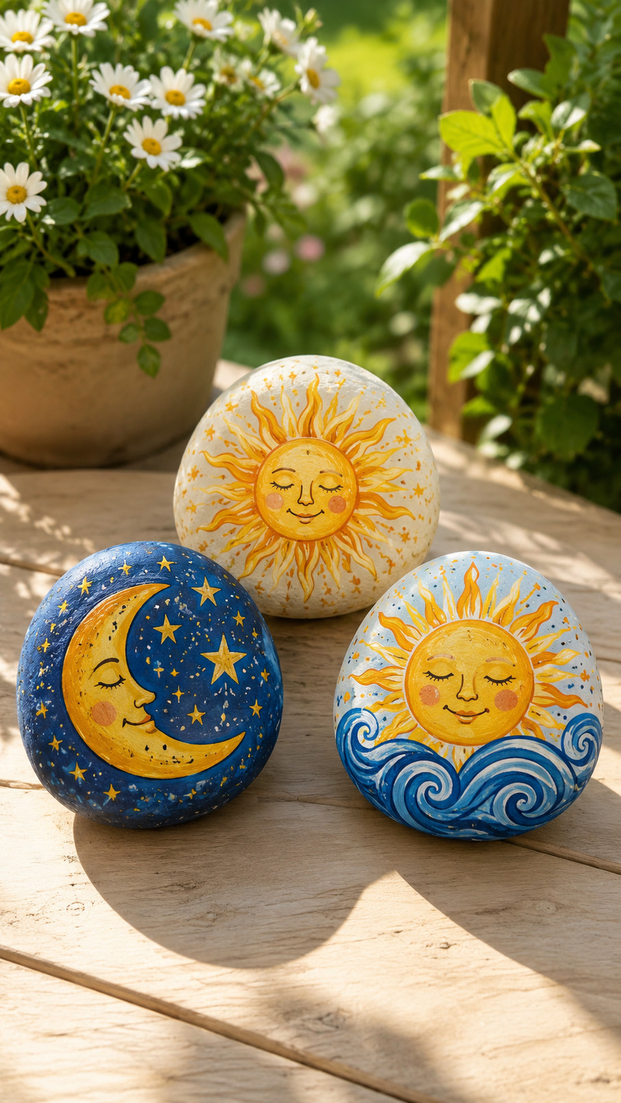 A rainbow sun-painted rock with a bright yellow center and colorful curved rays in red, orange, blue, and purple.