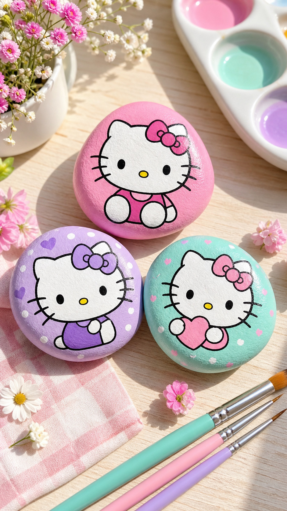 A painted rock featuring Hello Kitty in a yellow raincoat with rosy boots, a blue umbrella, gray clouds, and colorful raindrops.