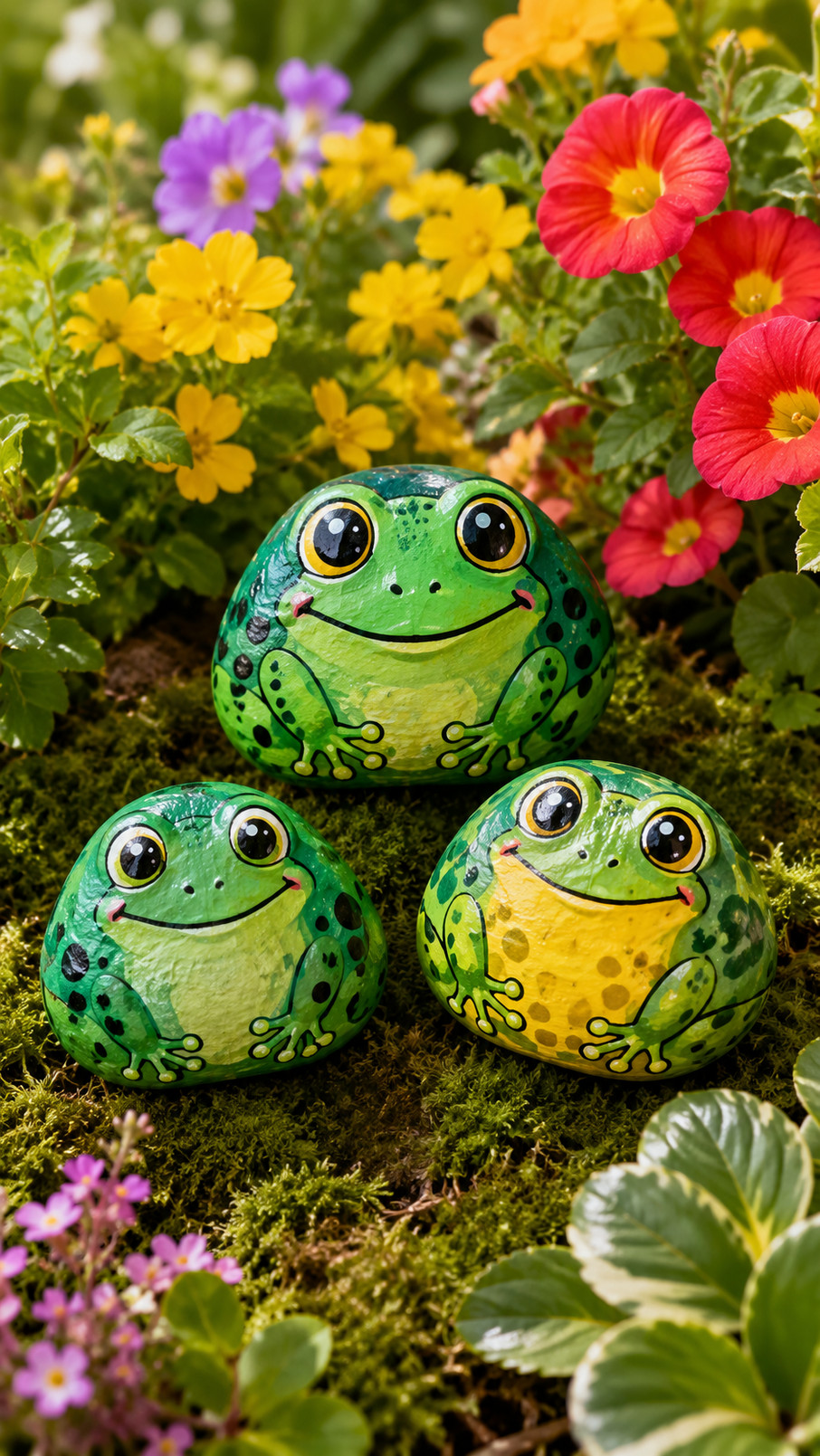 Painted frog rocks with tiny umbrellas, blue raindrops, bright green faces, and puddle-inspired details in a playful garden scene.