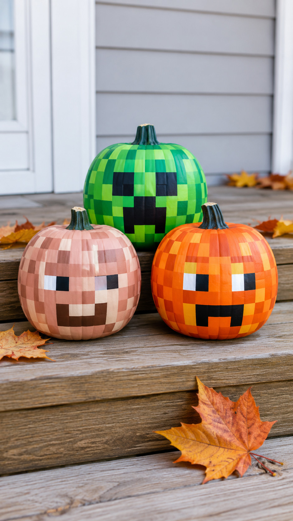 Photo of a Redstone Power Glow pumpkin painted deep crimson with pixelated red highlights and warm internal lighting on a porch at night.