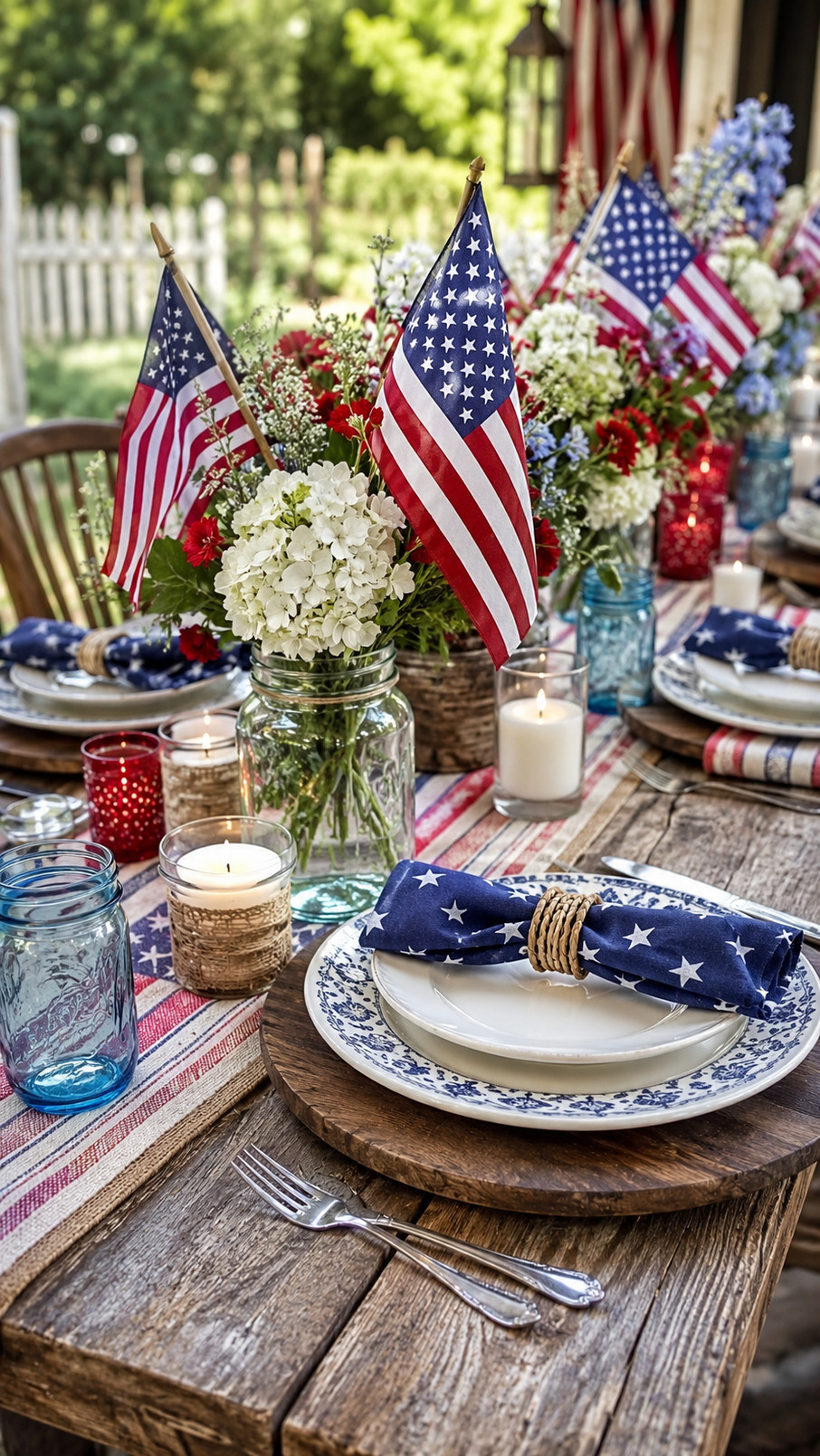 A rustic bowl of red, blue, and purple berries sits on a farmhouse-style Fourth of July tablescape.