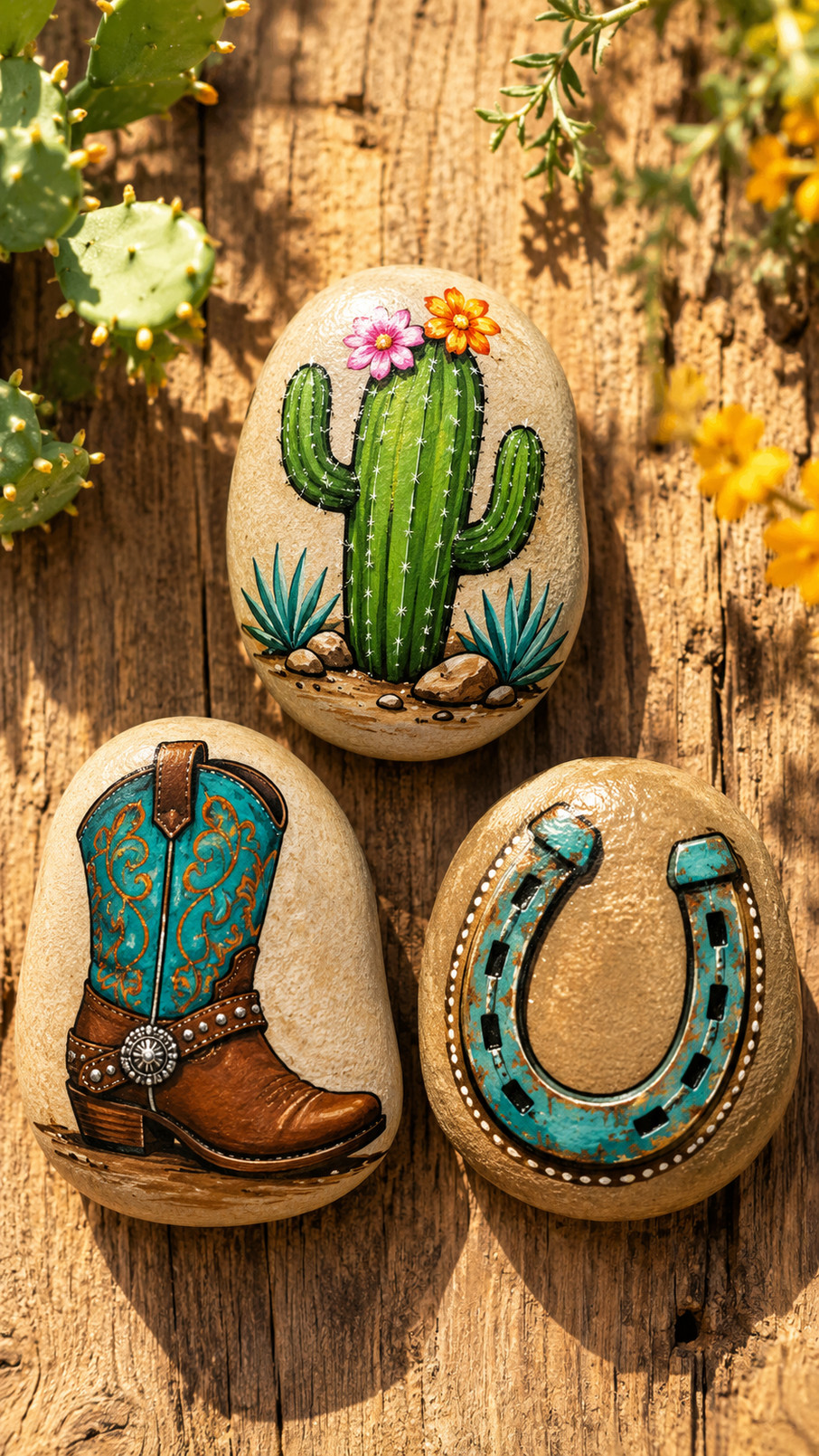 Photo of a rustic horseshoe painted rock featuring brown, copper, and turquoise colors in a Western ranch-inspired design.