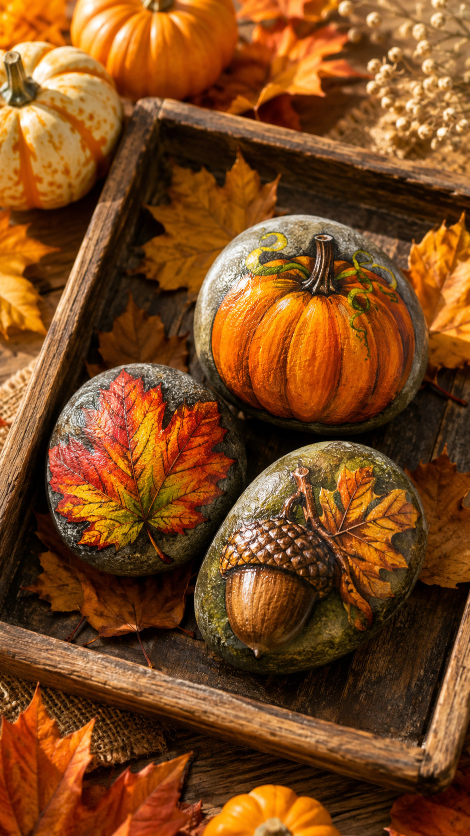 A hand-painted autumn rock featuring a wide-eyed owl perched among copper leaves in russet, amber, and cream colors.