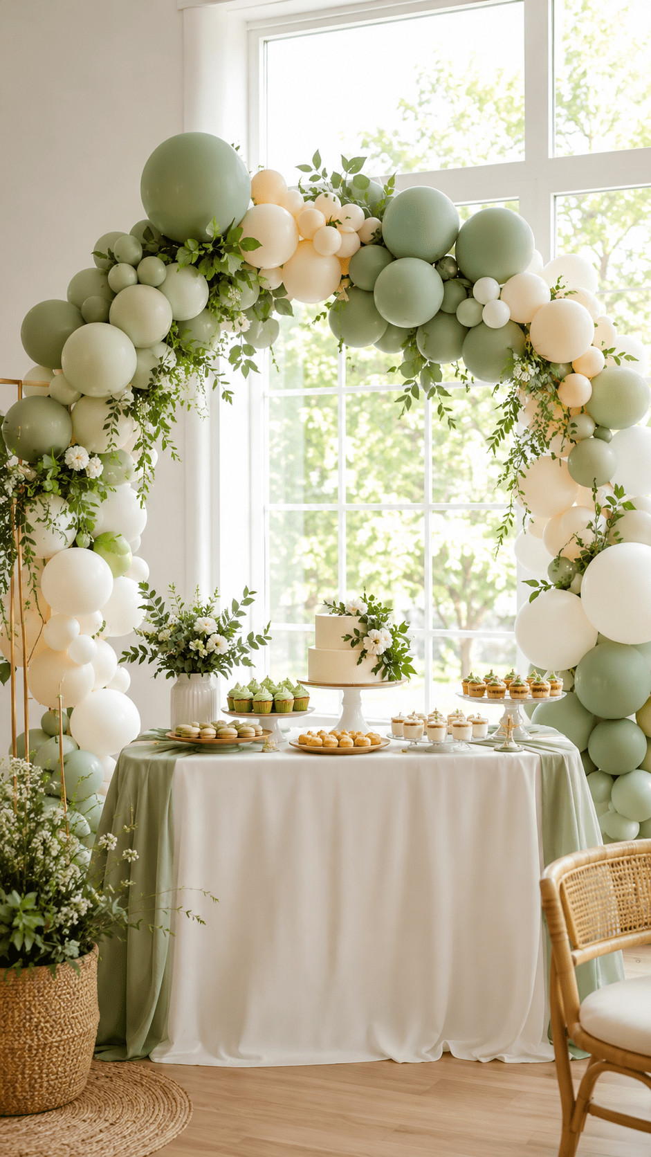 Sage green balloon swag arch with creamy ivory balloons and muted gold accents at an elegant event.