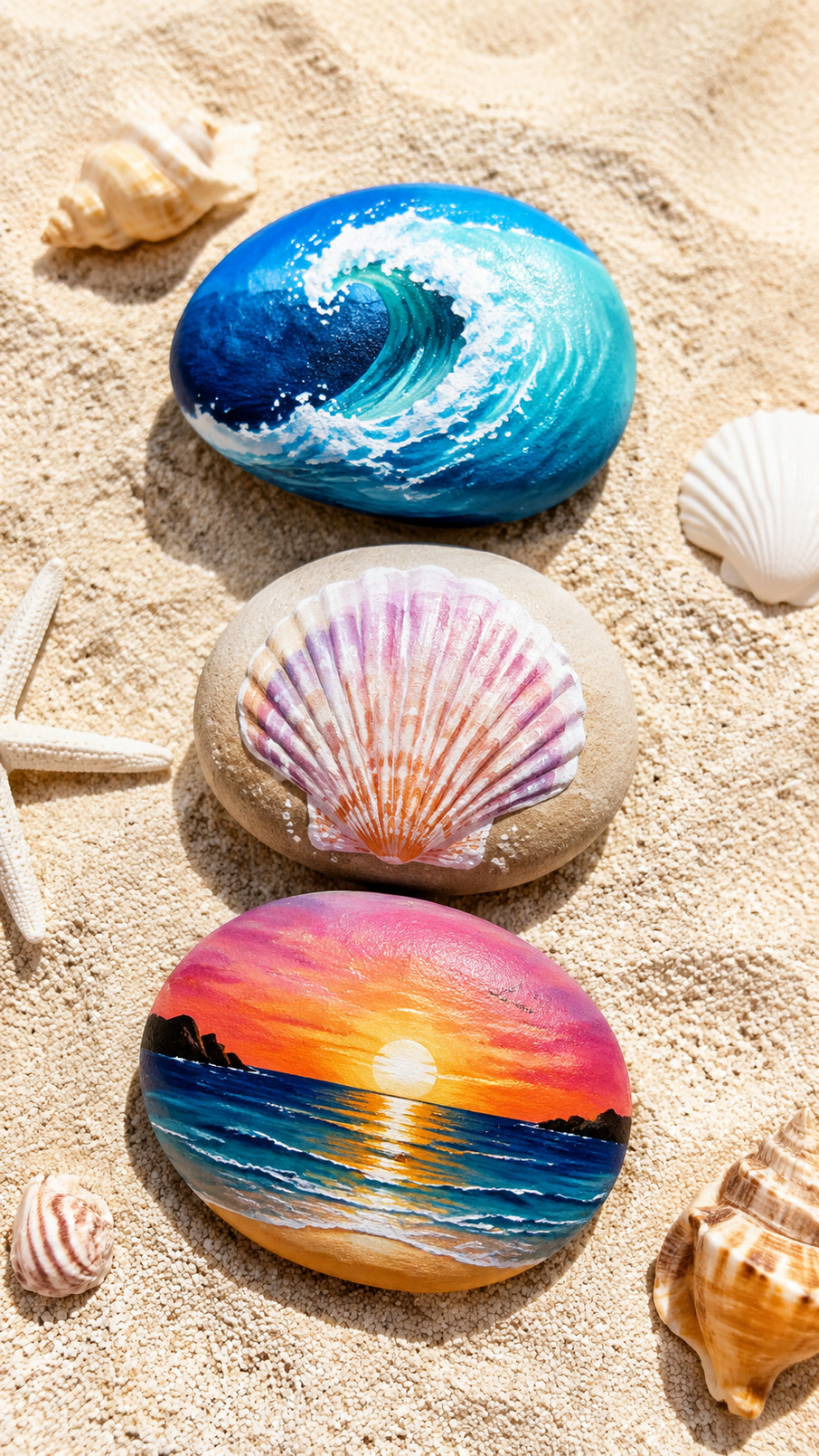 A painted rock featuring a green sea turtle swimming through turquoise water with bubbles and sandy accents.