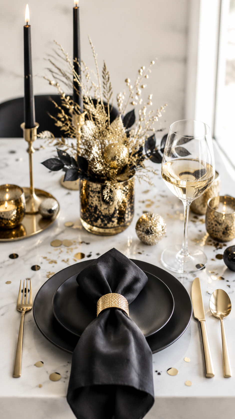Photo of a black sequin table runner reflecting golden candlelight with plates, glassware, and sparkling confetti on a New Year's Eve table.