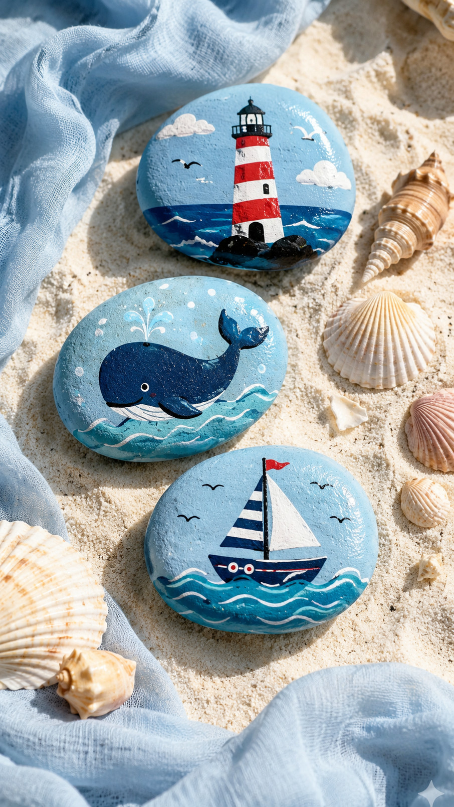 Ocean-painted rock featuring a colorful shell garden with seashells, pearls, coral pink accents, sandy beige, and aqua details.