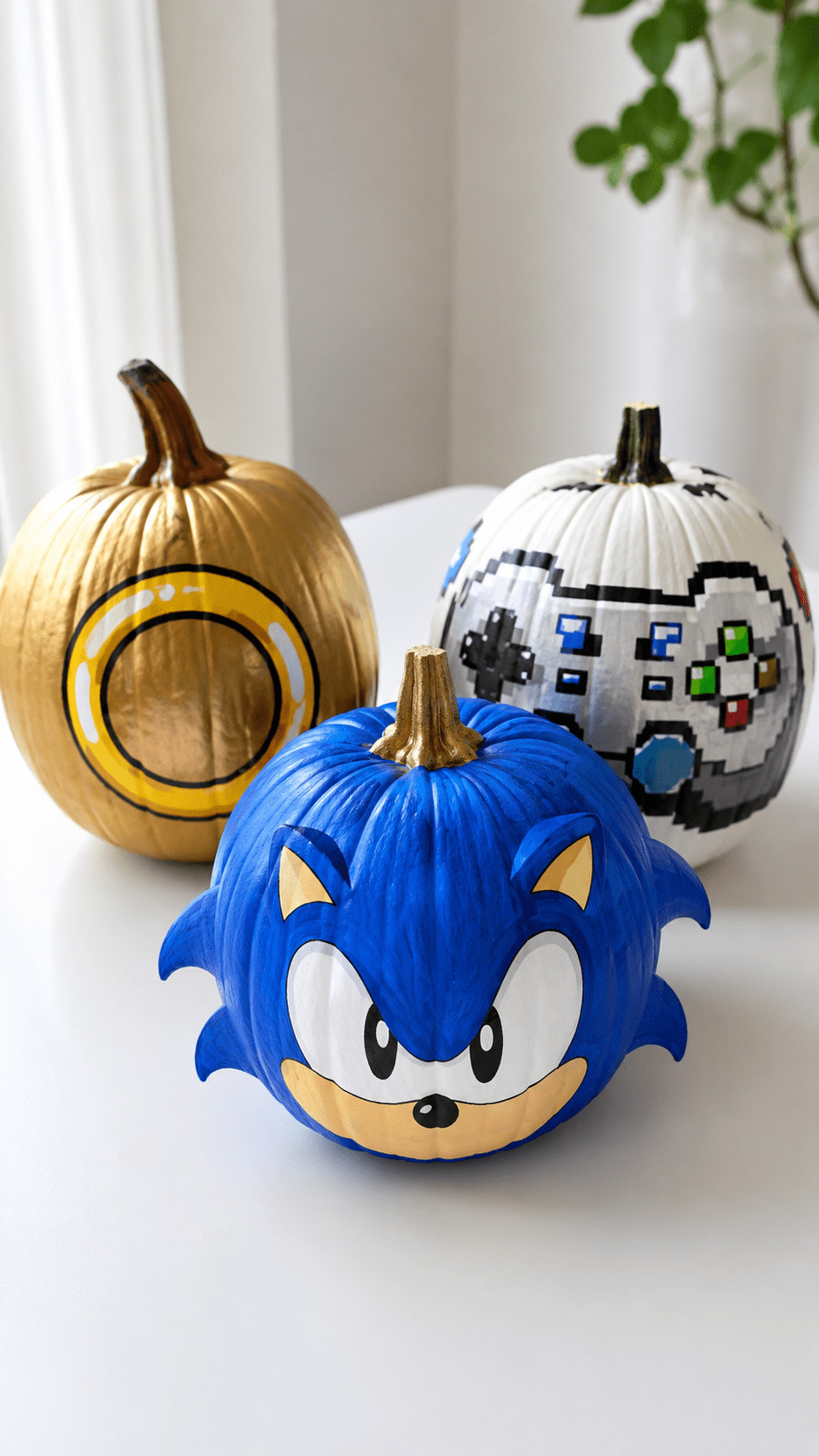 Sonic-themed painted pumpkin with sweeping blue and white speed-trail swirls, red shoe accents, and a glossy finish on a party table.