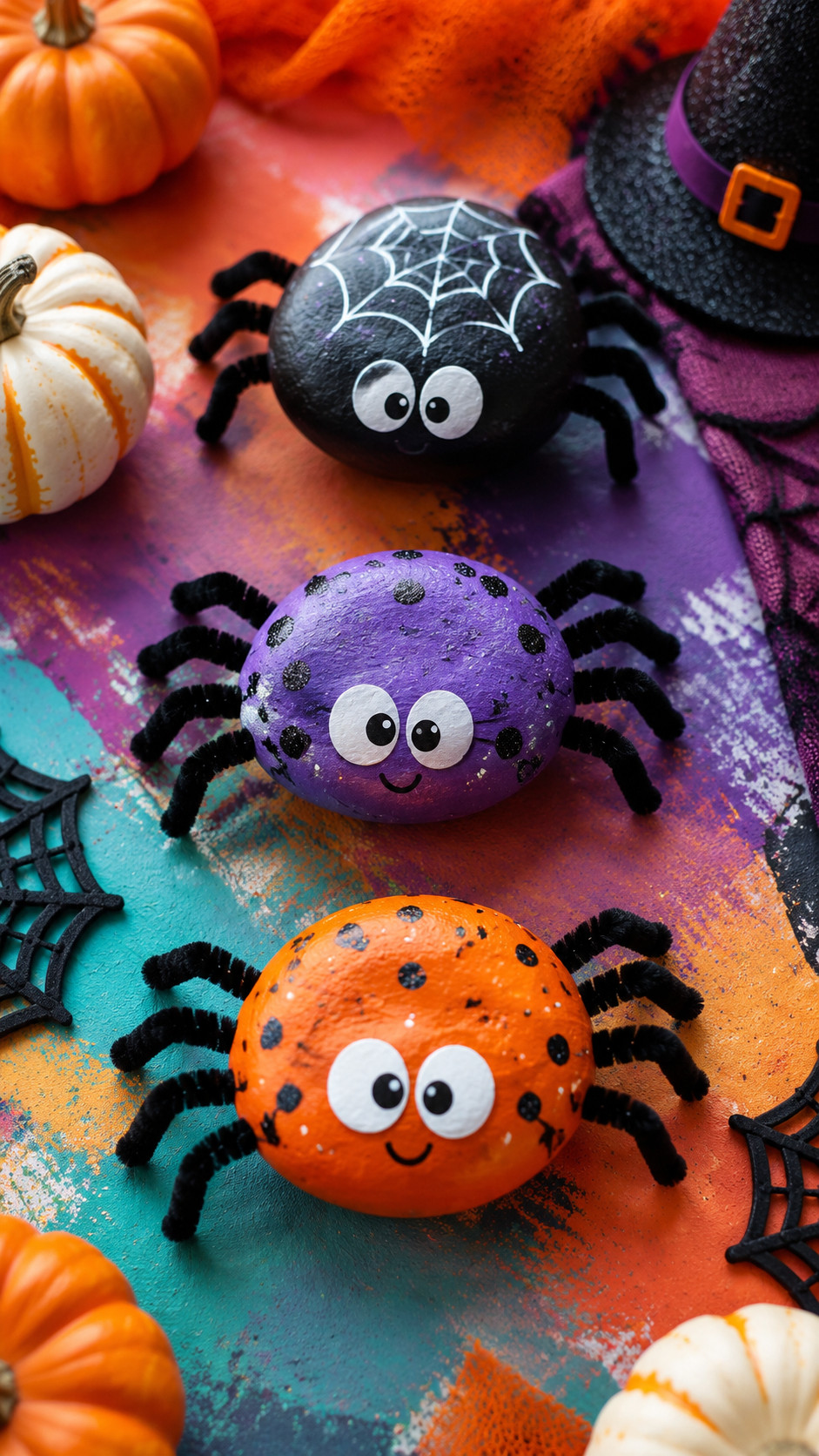 A painted rock featuring a black spider silhouette on a purple background with silver stars and speckles.