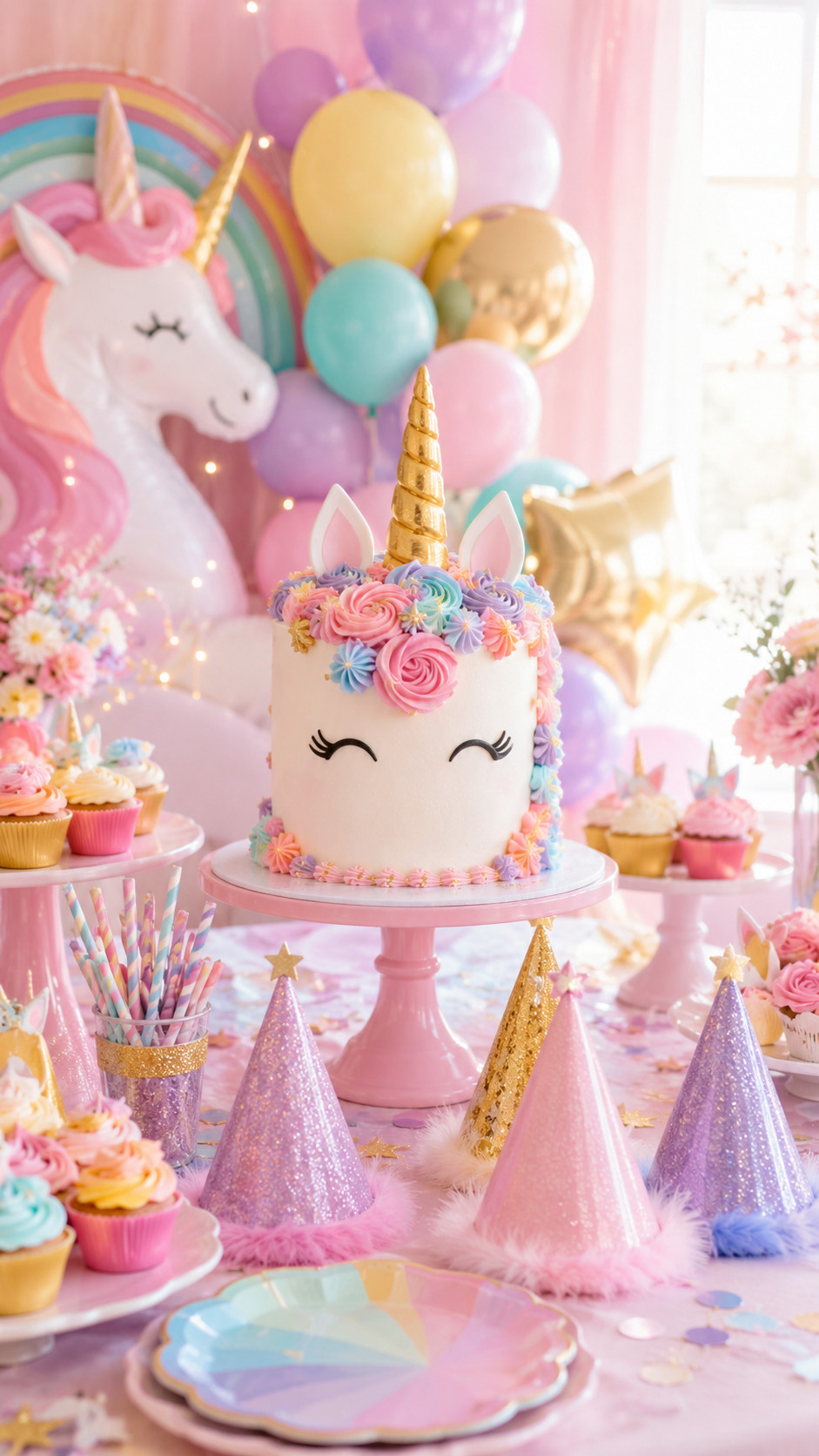 Photo of a starlit unicorn photo nook with pastel fairy lights, iridescent streamers, a crescent moon prop, lavender backdrop, cloud cushions, and gold confetti.