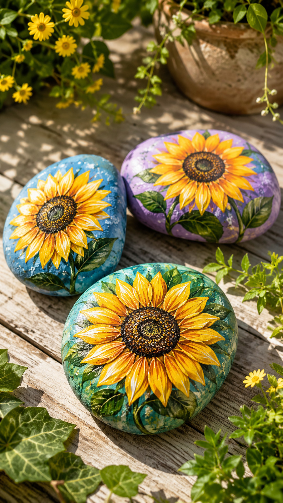 Painted rock featuring a bright yellow sunflower, a black-and-yellow bumblebee, green leaves, and tiny white accents.