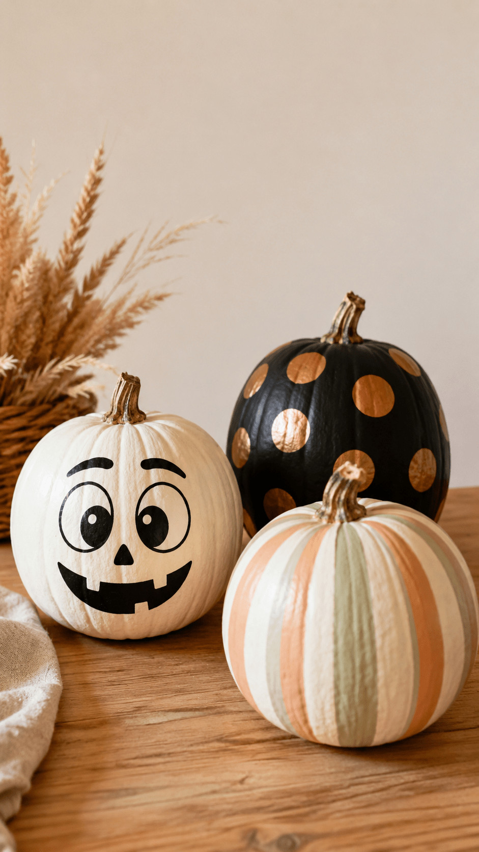 Painted pumpkin topped with a sunflower crown of bright yellow petals, styled on a burlap-covered rustic table.