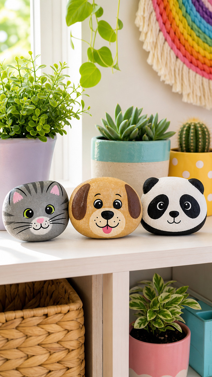 A hand-painted golden retriever pet rock with honey-gold fur, floppy ears, a black nose, and a cheerful expression.