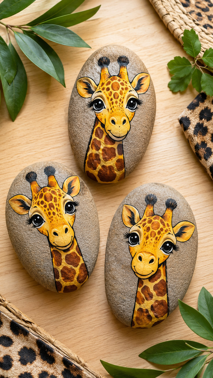 A painted rock featuring a golden giraffe against a colorful coral, peach, and amber sunset savanna scene.
