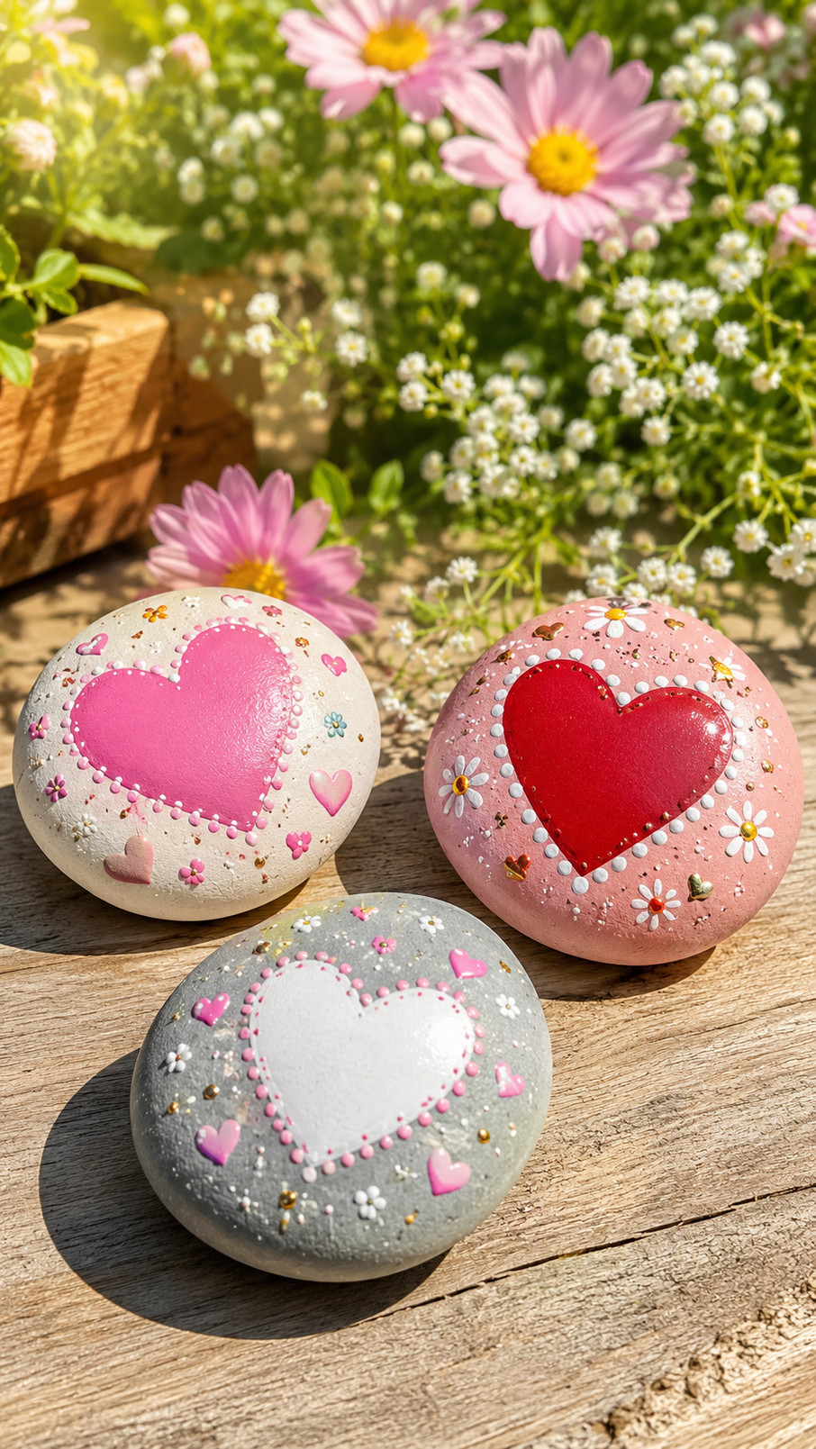 A group of sunset-themed painted rocks featuring colorful hearts in coral, peach, and golden-orange hues.