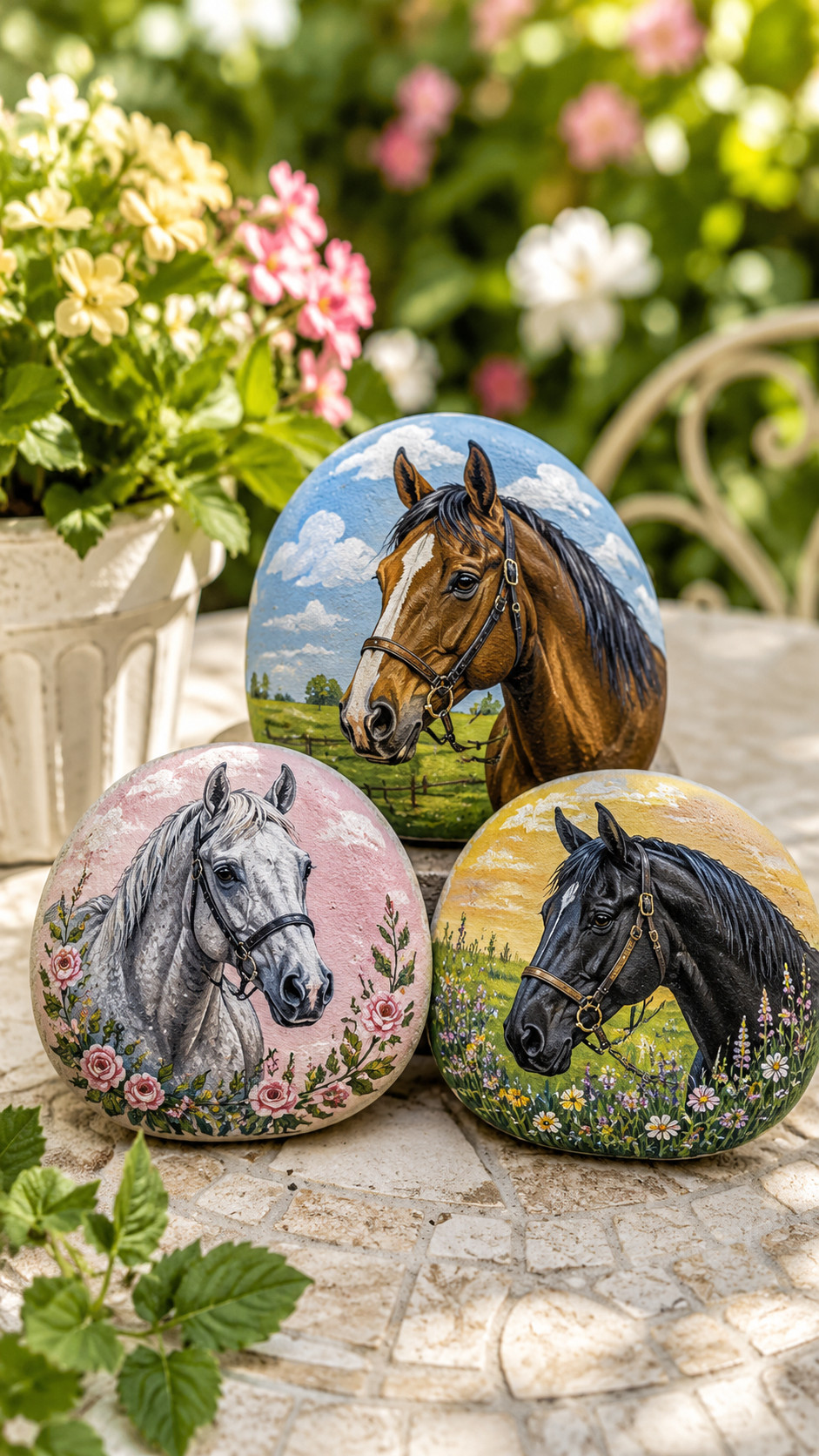 Painted rock featuring a tender horse pair in a sunny green meadow with warm caramel coats and a golden background.