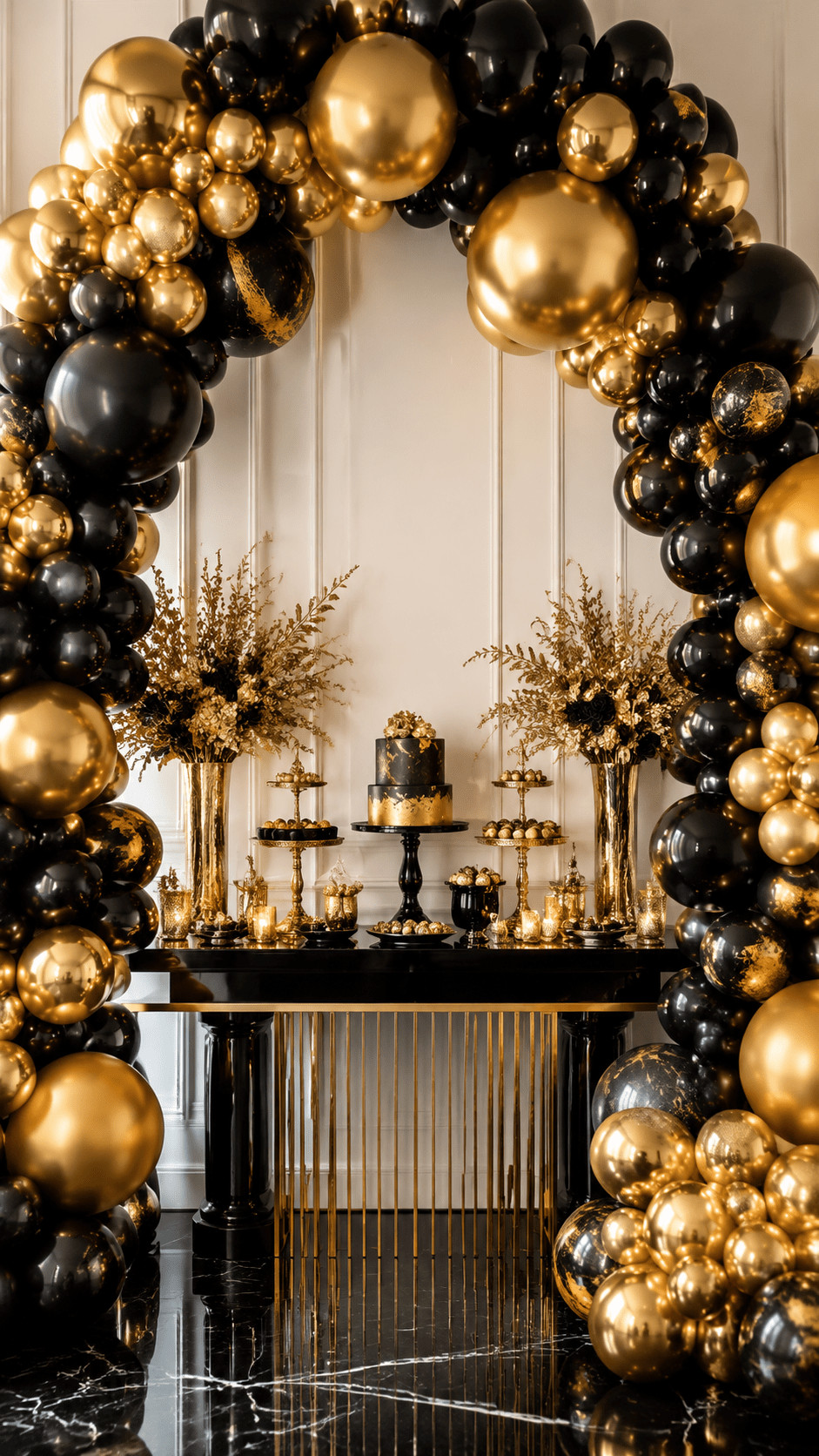 Photo of a black and gold balloon arch featuring matte black balloons, brushed gold and glitter spheres, amber string lights, and velvet ribbons at an elegant cocktail party backdrop.