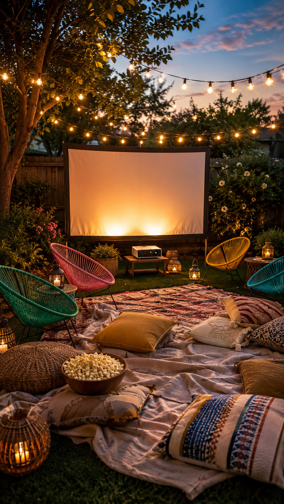 Vintage movie marquee sign glowing beside an outdoor screen at a backyard movie night.