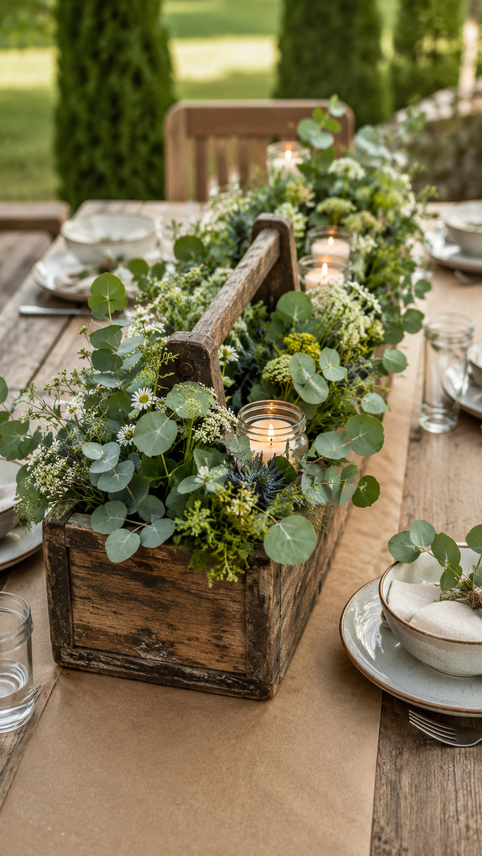 A rustic Father's Day tablescape with a weathered vintage wooden toolbox centerpiece filled with eucalyptus greenery, wildflowers, and small lit candles on an outdoor wood table.