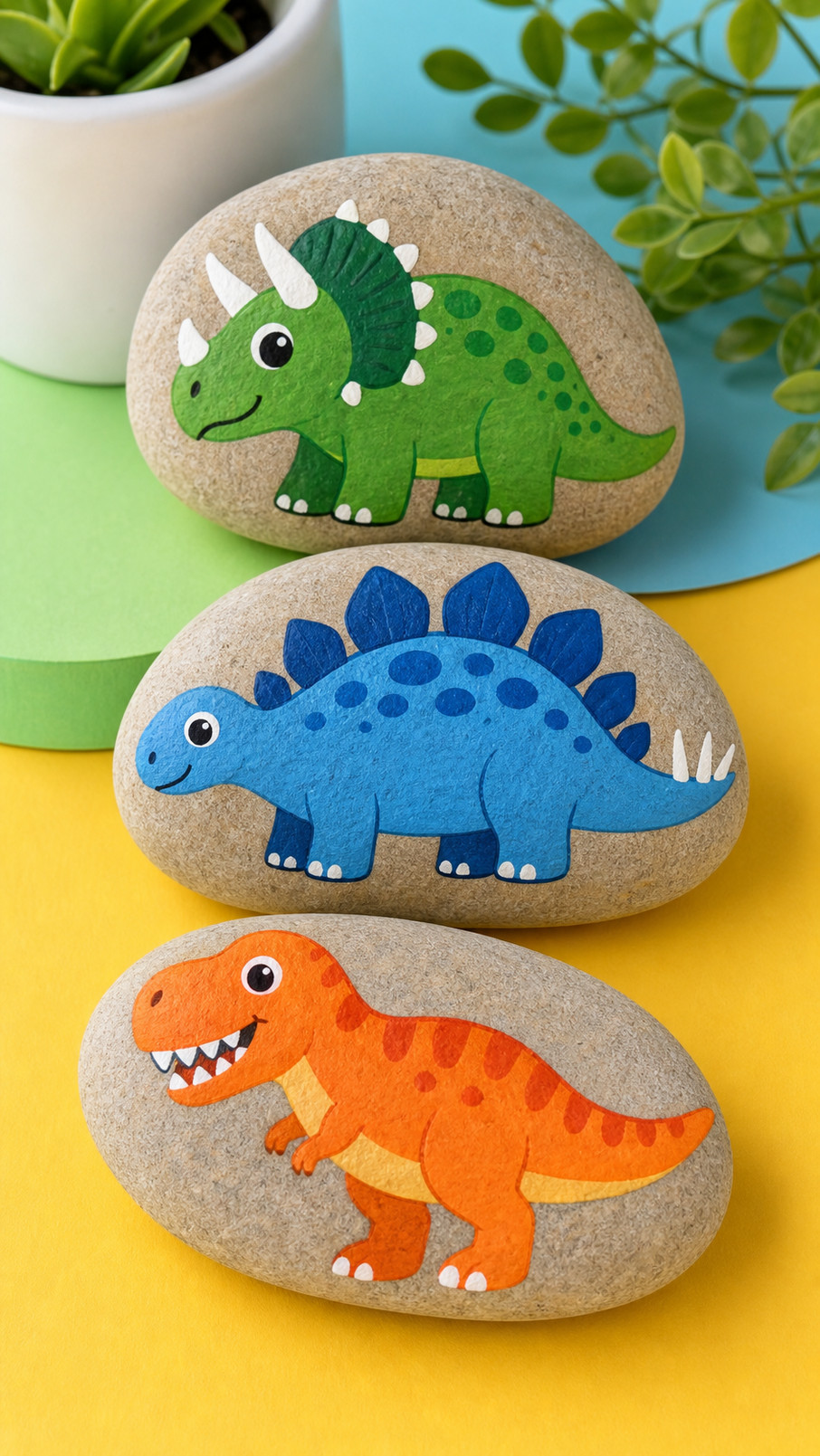 A painted rock featuring a green T-Rex surrounded by bright red and orange volcanic lava.