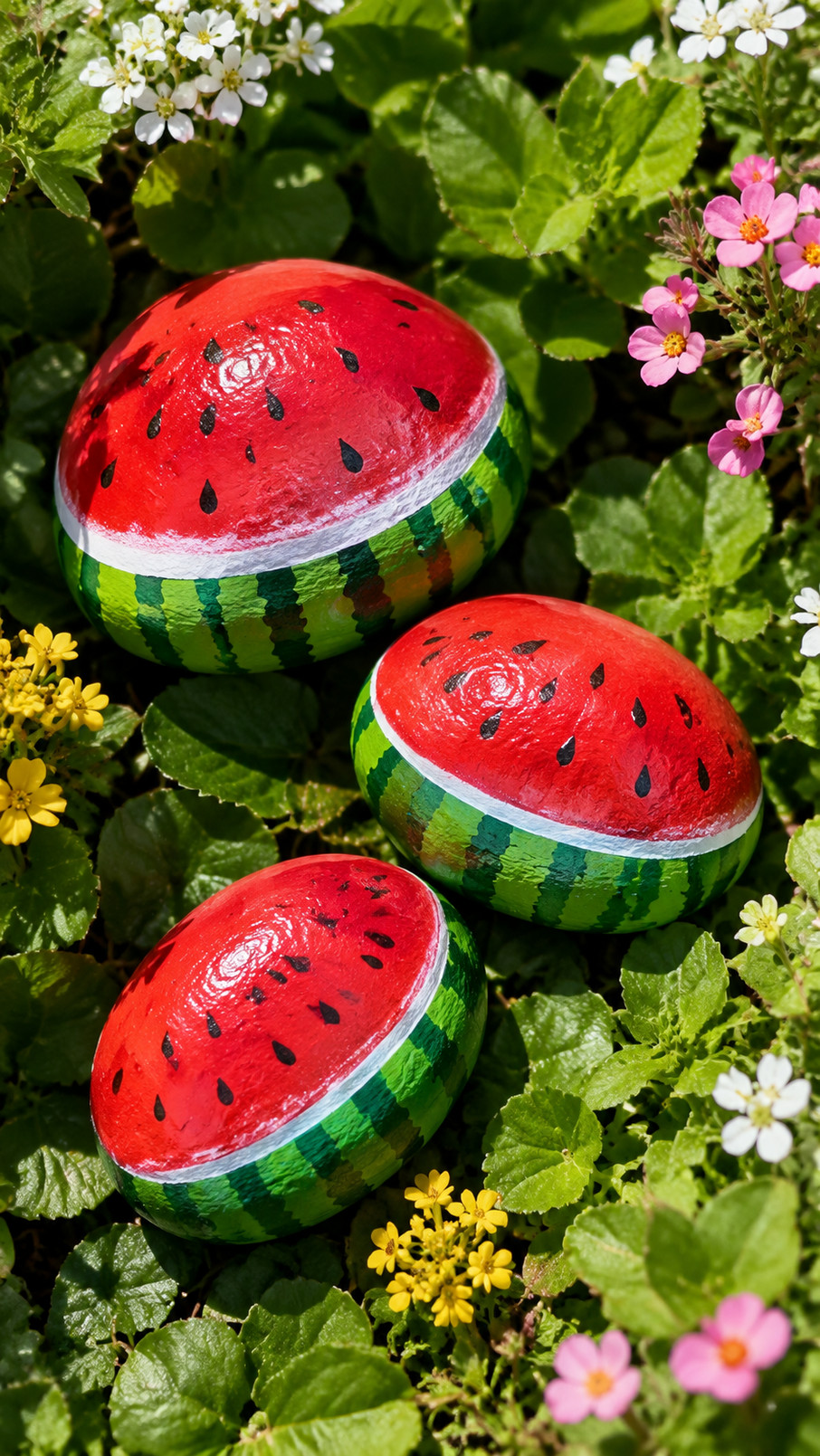 Painted rocks arranged as a colorful watermelon picnic scene with red slices, green rinds, black seeds, and summer-themed details.