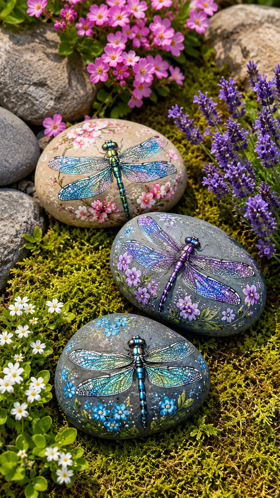 A whimsical dragonfly painted rock featuring colorful turquoise, coral, and yellow wings displayed among garden flowers.