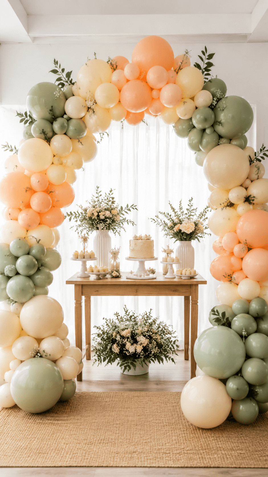 A whimsical rainbow balloon arch with dusty pink, pale yellow, mint, lavender, and sky blue balloons decorates a gender-neutral baby shower.