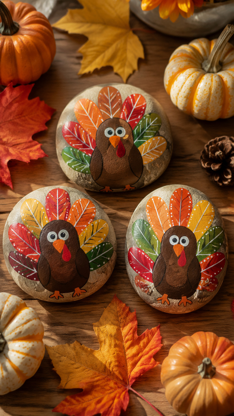 A painted turkey rock with warm brown feathers and acorn accents displayed among autumn leaves.