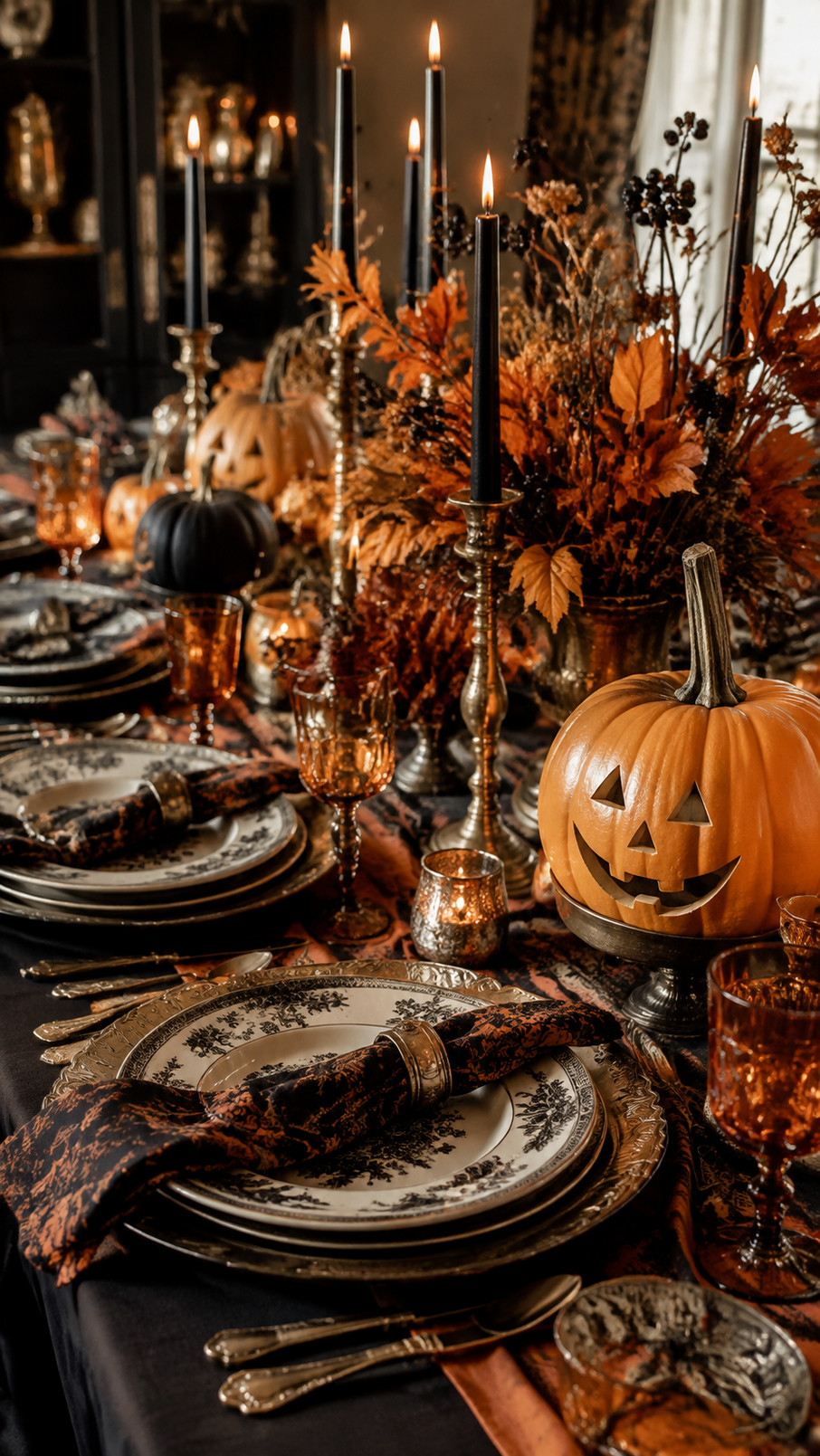 A vintage Halloween tablescape with an antique mirror backdrop, candlelight, dark flowers, amber glassware, and small pumpkins.